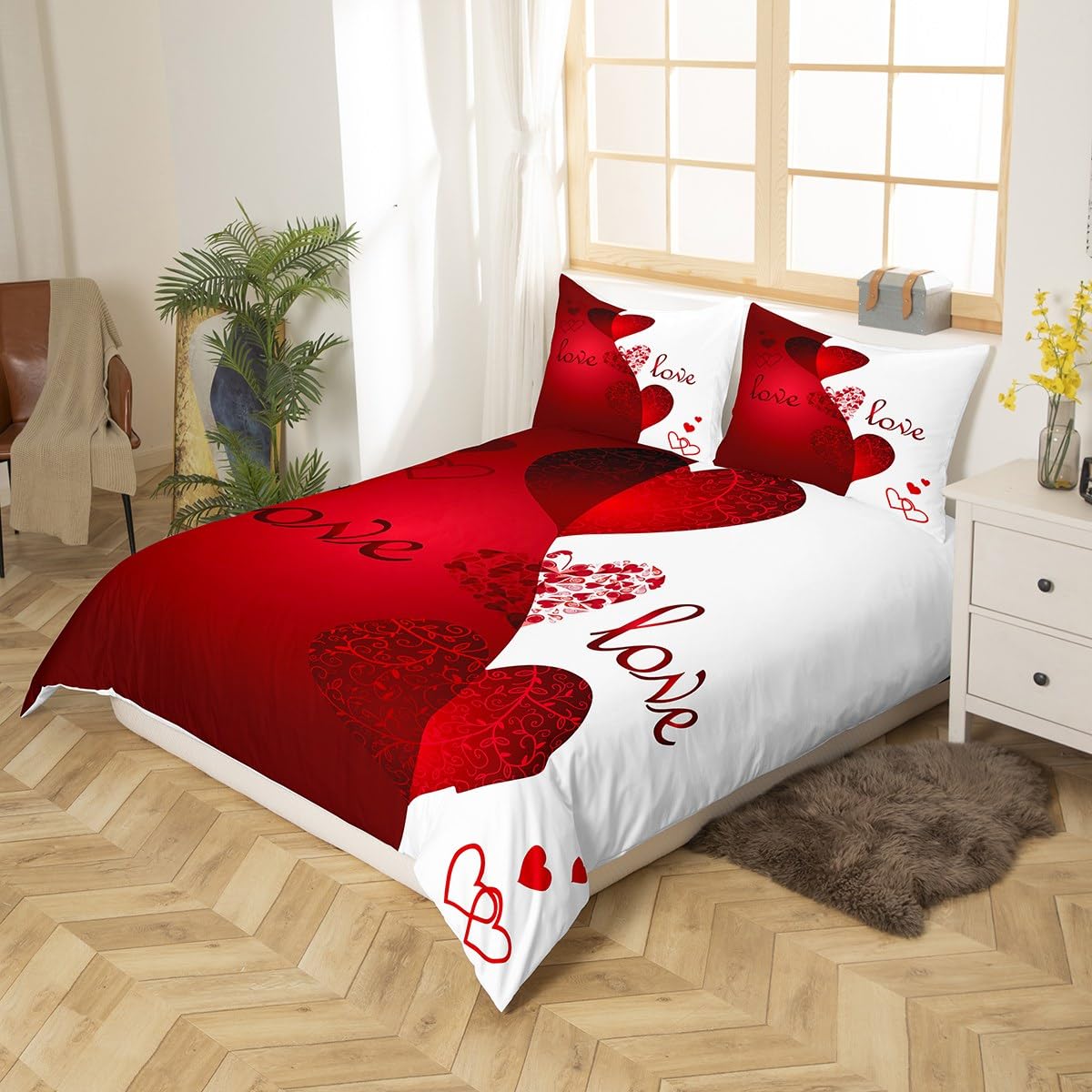 jejeloiu White Red Bedding Set Queen Size Couple Love Hearts Comforter Cover Set for Girls Women Lover Romantic Floral Flower Duvet Cover Valentine's Day Bedspread Cover Room Decor