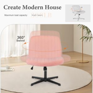 Sweetcrispy Criss Cross Chair Legged, Armless Office Desk Chair No Wheels, Swivel Vanity Chair, Height Adjustable Wide Seat Computer Task Chair, Fabric Vanity Modern Home Chair Pink