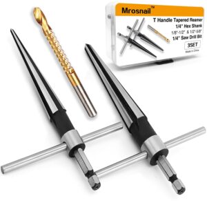 mrosnail tapered reamer set with t handle, 3-13mm (1/8''-1/2'') & 5-16mm (3/16"-5/8") 6 fluted, carbon steel hex shank for guitar woodworking - 2pcs