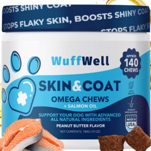 WuffWell - Omega 3 for Dogs with Salmon Oil 140ct - Dog Skin and Coat Supplement - Allergy and Itch Relief - Fish Oil for Dogs Chews - Dog Anti Shedding Supplement - Dry Skin Treatment - Made in USA