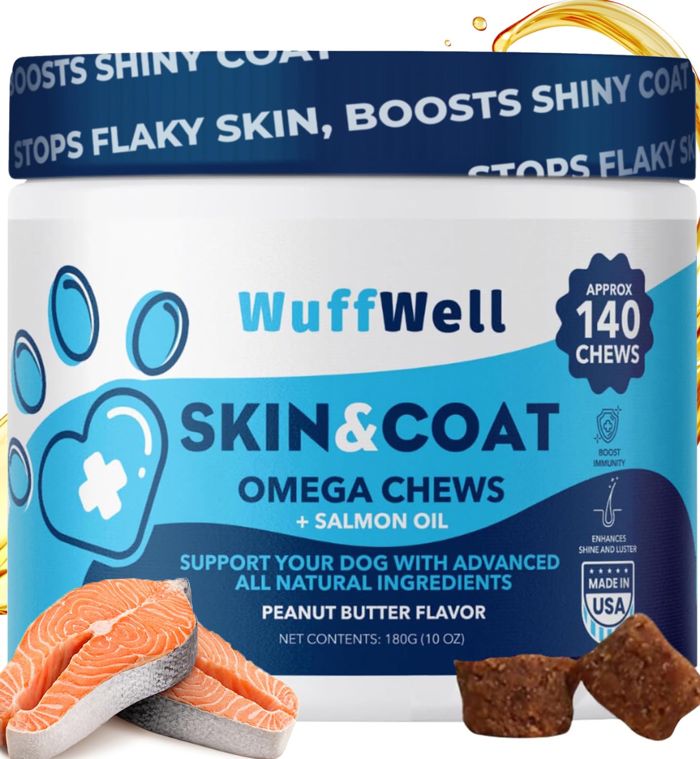 WuffWell - Omega 3 for Dogs with Salmon Oil 140ct - Dog Skin and Coat Supplement - Allergy and Itch Relief - Fish Oil for Dogs Chews - Dog Anti Shedding Supplement - Dry Skin Treatment - Made in USA