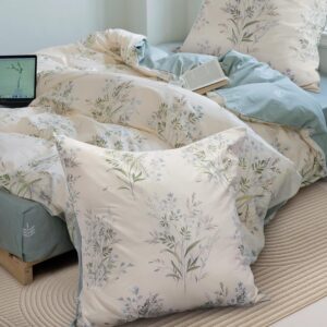 MetersGod 100% Long-Staple Cotton Duvet Cover Set Queen White Green Floral Leaves Pattern Printed Reversible Comforter Cover 3pcs, Ultra Soft & Breathable Bedding Set