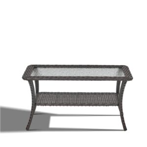 Outdoor Coffee Table - Patio Rattan Wicker Coffee Table with Tempered Glass Top and 2-Tier Storage Outdoor Table for Deck Porch Balcony Garden - Brown