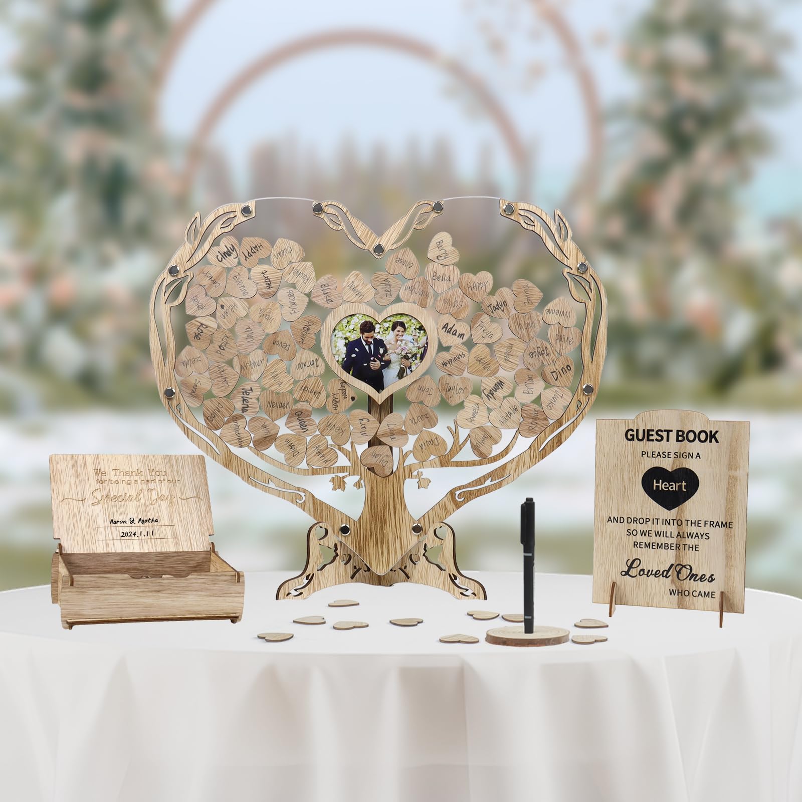 Heart Wedding Guest Book Alternative, Rustic Wooden Wedding Guest Book with Heart Picture Frame, Wedding Heart Guest Book Drop Box, Personalized Wedding Guest Book for Wedding Decor Party Birthday