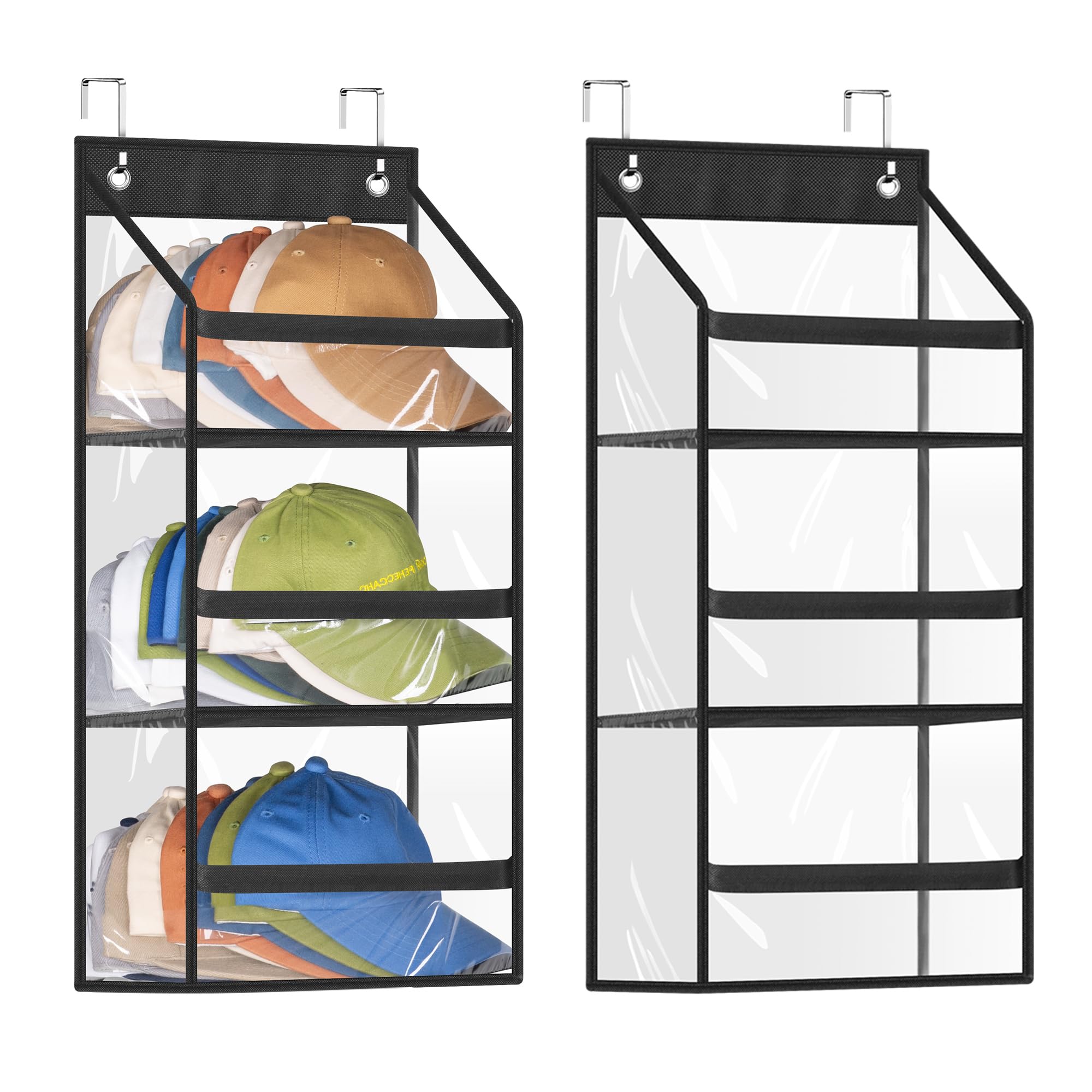 AOODA 2 Packs Clear Over the Door Hat Organizer for Baseball Caps, Flexible Hat Rack for Narrow Door, 6-Shelf Hanging Hat Storage Holder for Closet, Wall, RV (Black)