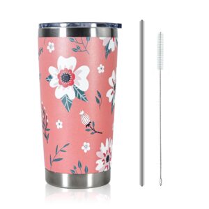 20oz tumbler with lid and straw, flower coffee mug double wall vacuum insulated travel mug floral cup stainless steel water bottle reusable tumblers with car coaster for ice drinks, hot beverage, pink