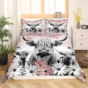 Erosebridal Highland Cow Print Duvet Cover Queen,Red Western Farmhouse Bedding Set Rustic Home Decor,Longhorn Cattle Farm Animal Comforter Cover Daisy Flowers Bed Set Cowboys Gifts for Men Women