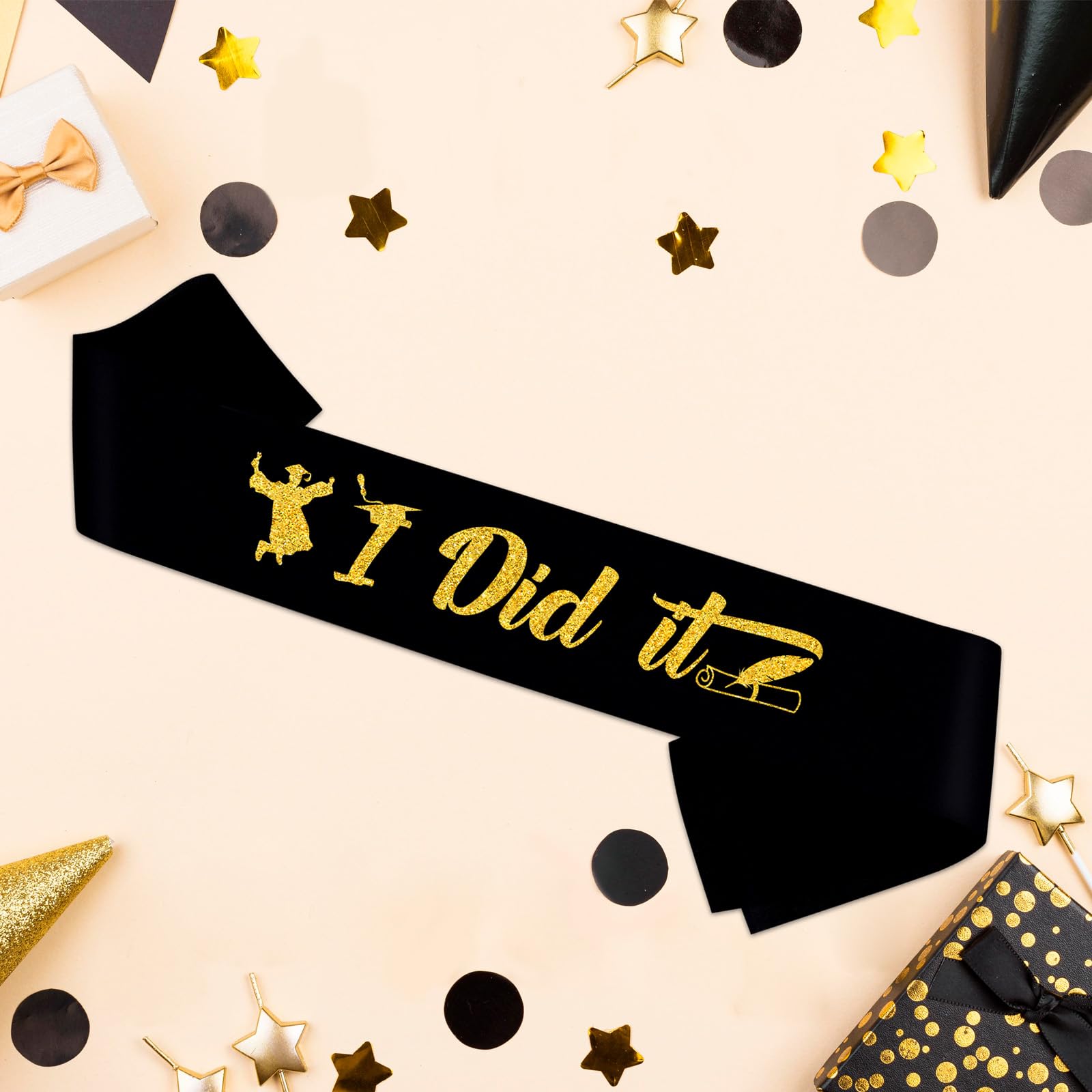 Black I Did it Satin Sash with Gold Glitter Letters - Class of 2024 Grad Party Supplies - Cheer Squad Supplies - 2024 Graduation Celebrations Sashes