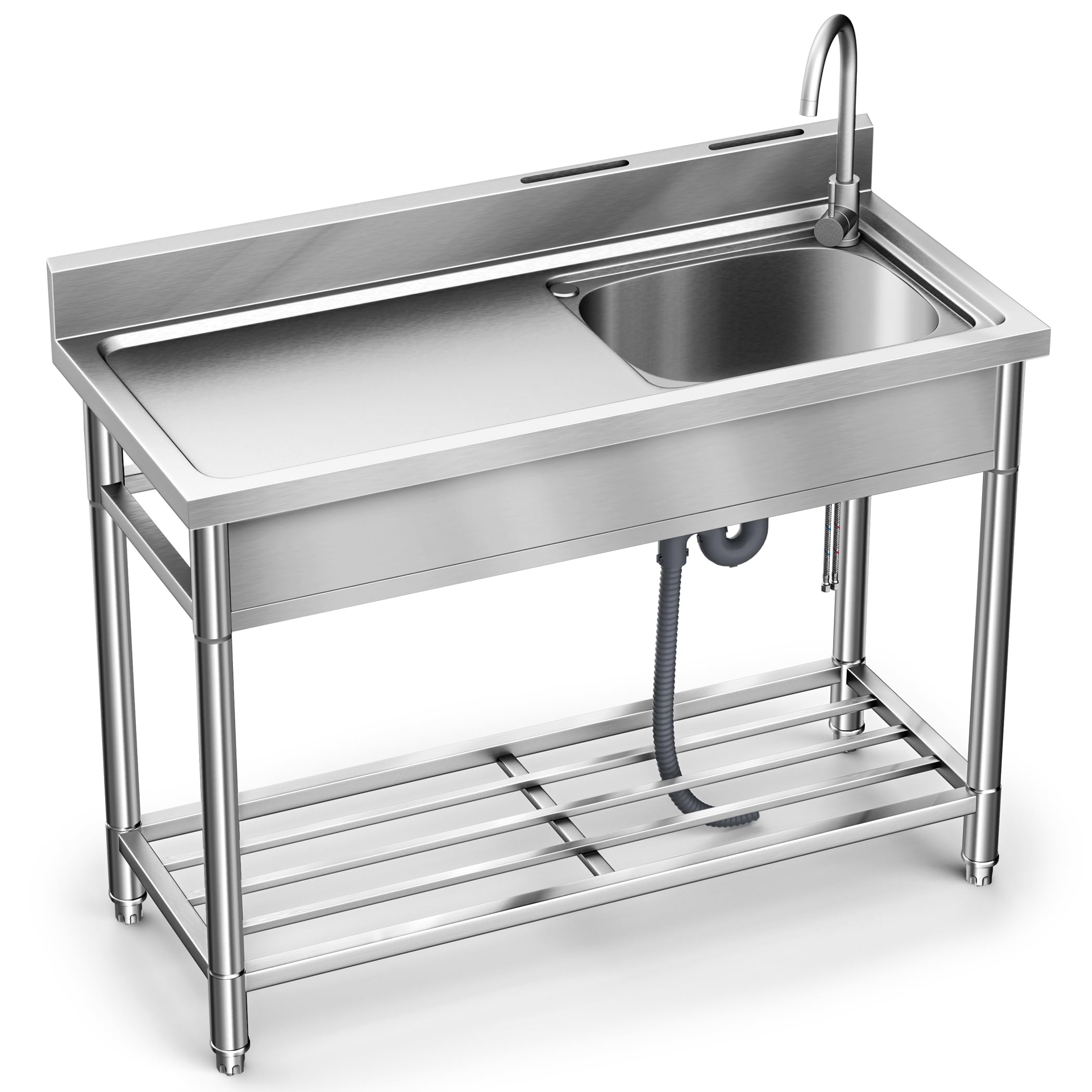 LAFATI Stainless Steel Sink, 304 SUS Free Standing Kitchen Sink Single Bowl With Large Work Station Cold and Hot Water Pipe Undershelf Faucet Drainboard (47 Inch Right Bowl)