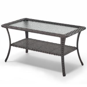 outdoor coffee table - patio rattan wicker coffee table with tempered glass top and 2-tier storage outdoor table for deck porch balcony garden - brown