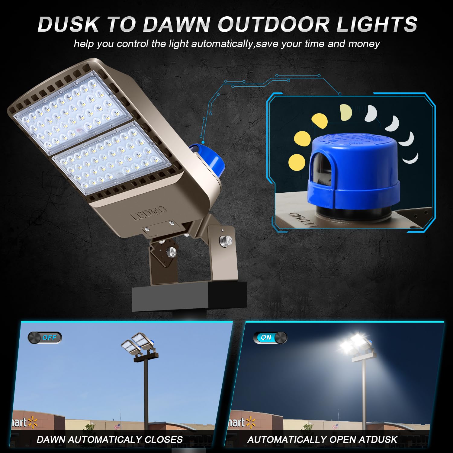 LEDMO LED Parking Lot Lights Adjustable Trunnion Mount 200W Dusk to Dawn Outdoor Lighting with Photocell Flood Area Lights 5000K Commercial Wall Mount IP65 Led Shoebox Lights