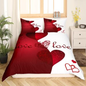 jejeloiu White Red Bedding Set Queen Size Couple Love Hearts Comforter Cover Set for Girls Women Lover Romantic Floral Flower Duvet Cover Valentine's Day Bedspread Cover Room Decor