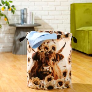 Qinyoung 17.7 x 13.7 Inch Highland Cow Laundry Basket Foldable Waterproof Oxford Cloth Laundry Hamper Clothes Storage Bucket Toy Organizer Farm Animal Storage Basket Bin for Bathroom Nursery Office