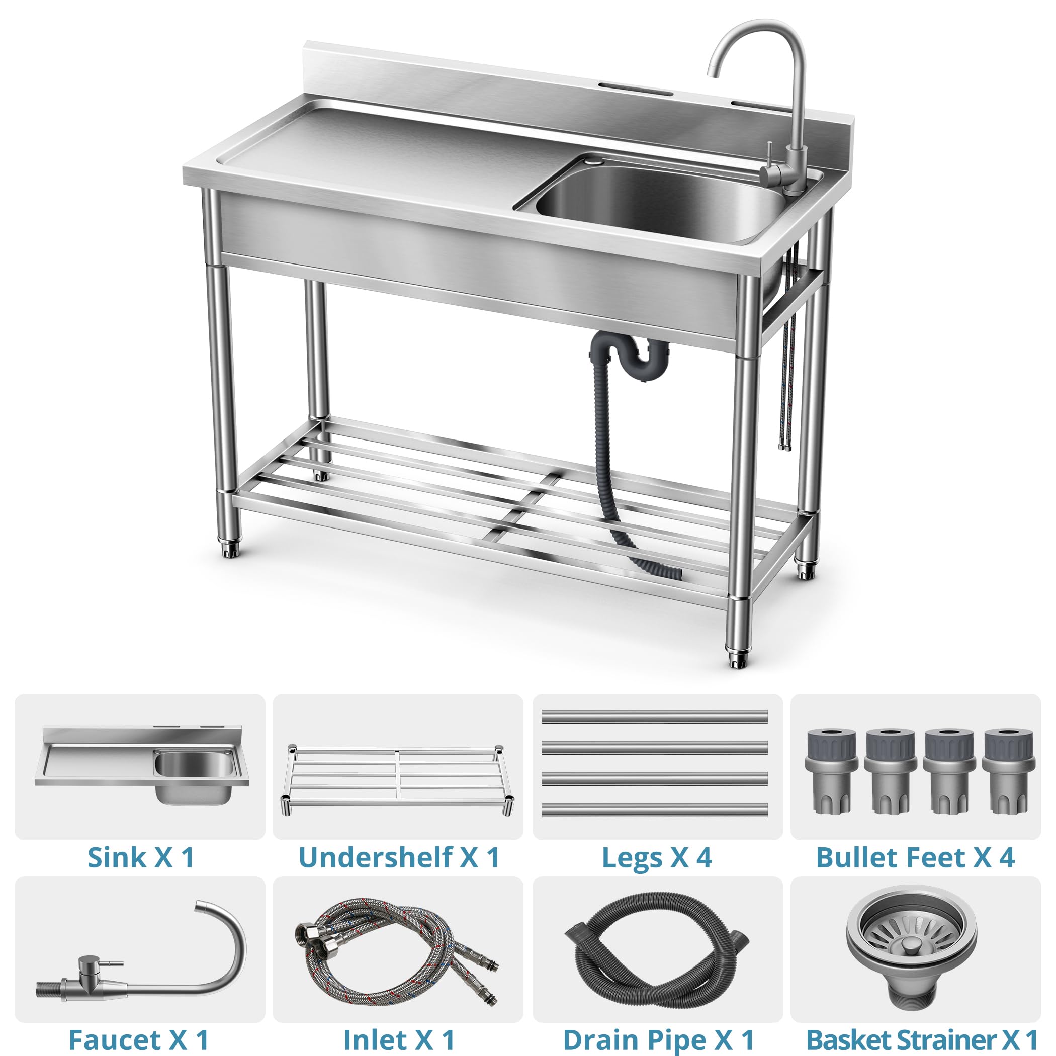 LAFATI Stainless Steel Sink, 304 SUS Free Standing Kitchen Sink Single Bowl With Large Work Station Cold and Hot Water Pipe Undershelf Faucet Drainboard (47 Inch Right Bowl)