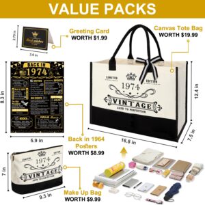 50th Birthday Gifts for Women Canvas Tote Bag Travel Gear, Unique 50 Years Old Gifts for Wife Sister Mom Aunt Friends Her Turning 50, Vintage 1974 Beach Bag & Cosmetic Bag & Back in 1974 Poster