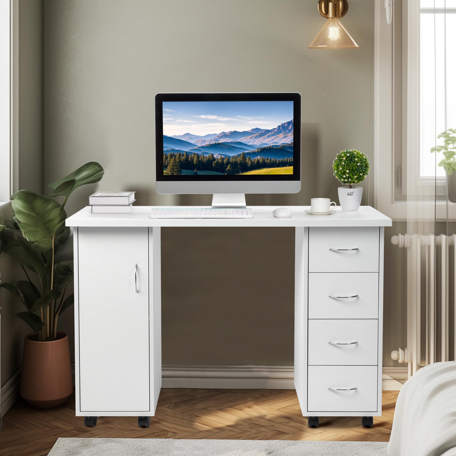 Knocbel Computer Desk Manicure Nail Table with Four Drawers and A Cabinet, with Wheels for Flexible Use, Sturdy Wooden Construction, Large Storage Space, 47.2" L x 21.3" W x 31.9" H White