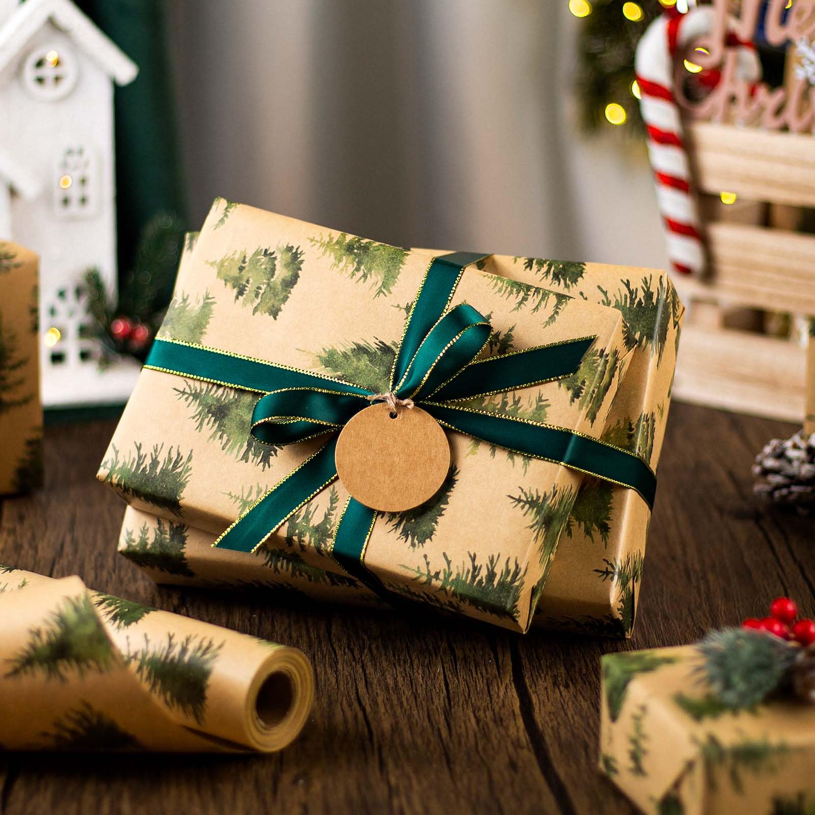 Retrify Kraft Wrapping Paper Roll with Cut Lines on Reverse, Watercolor Green Christmas Trees Gift Wrap Paper for Holiday, Party Celebration, Arts, Craft - 17 Inch x 32.8 Feet