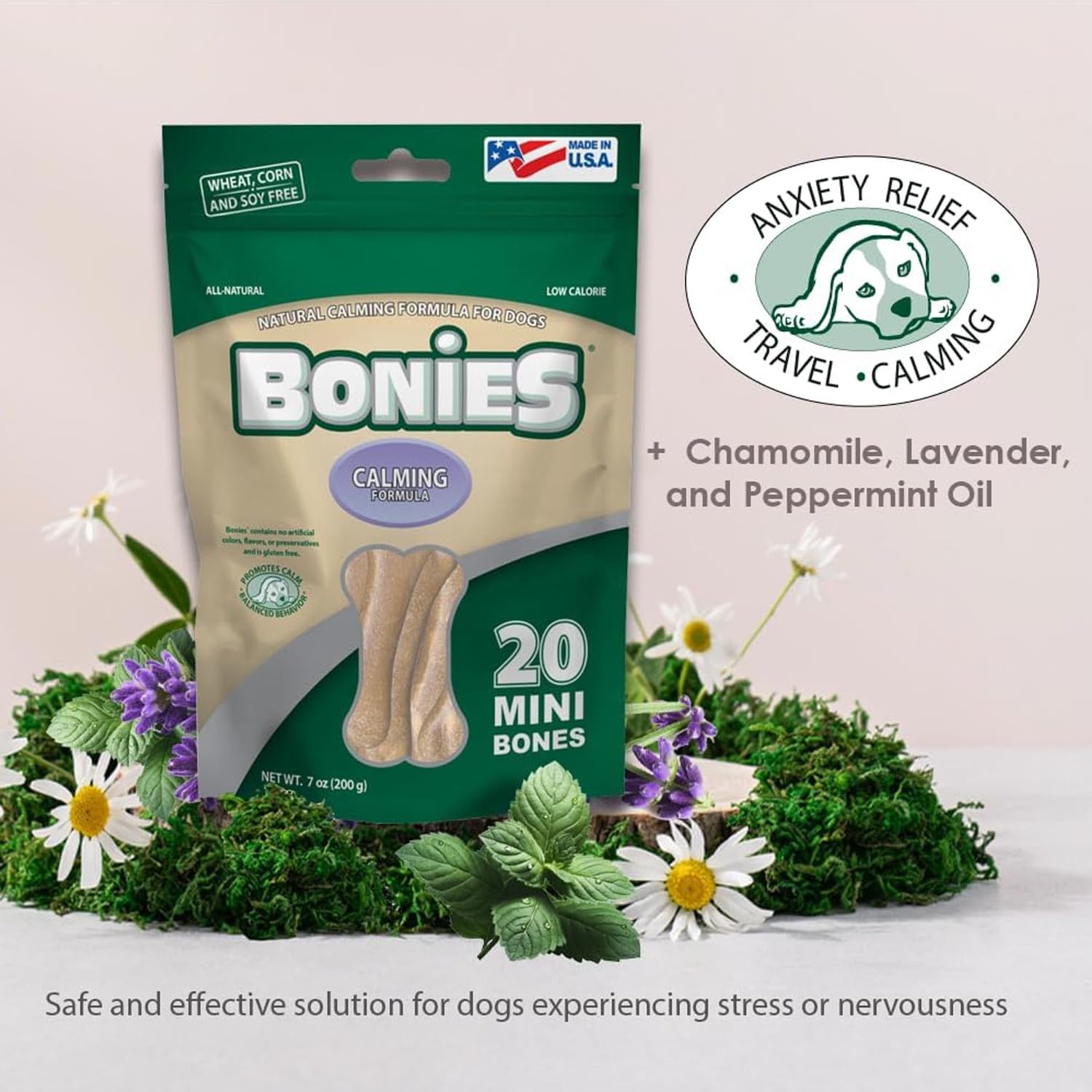 Bonies Natural Calming Formula Small-Sized Single Bone - Contains Chamomile & Lavender, Help Anxiety, Excessive Barking & Trembling, Chicken Flavor, [Medium Dogs], 90 Bones