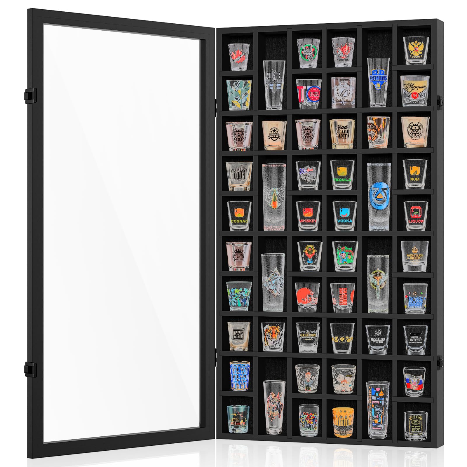 Shot Glass Display Case, 52 Slots Shot Glass Holder Lockable Wall Mounted Shadow Box with UV Protection Acrylic Glass Shot Glass Door Storage Case for Multiple Shot Glasses