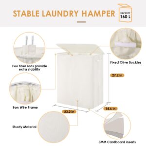 160L Laundry Hamper 3 Section, Dirty Clothes Hamper with Lid for Laundry, Large Laundry Basket with Removable Bags & Labels for Sorting, Hamper 3 Compartment for Laundry Room, Bedroom, Beige