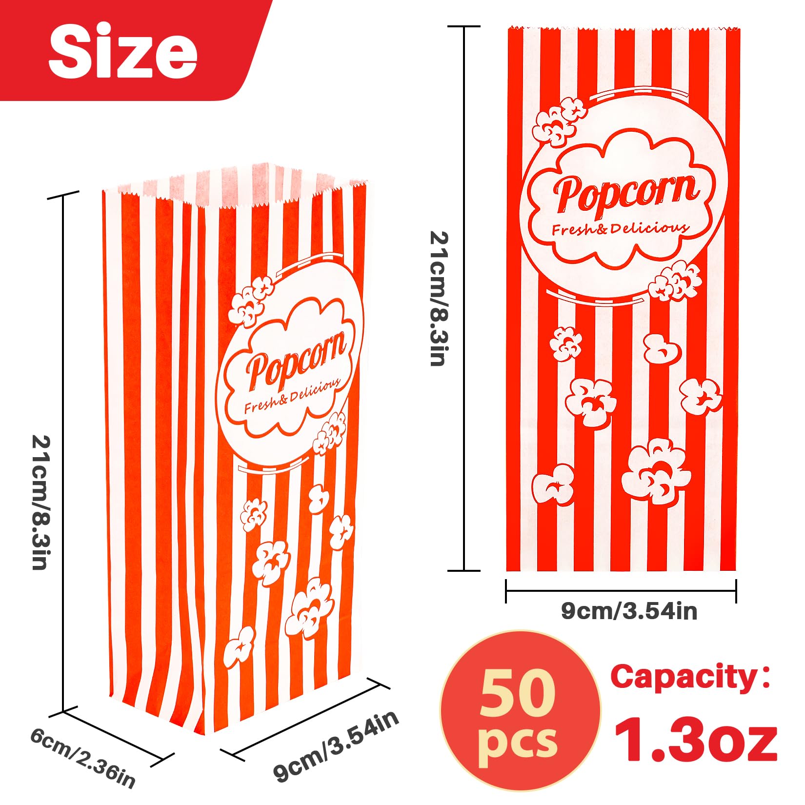 MAQIHAN 50 Popcorn Bags Individual Servings - Flat Bottom Paper Popcorn Food Bags Party Pop Corn Sleeves Bulk Carnival Halloween Snack Packs Gift Favor Treat bolsas para palomitas Movie Night Supplies