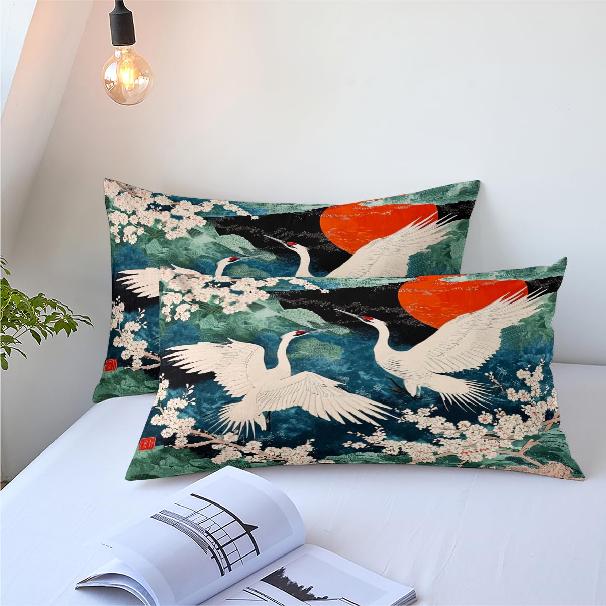 CCoutueChen Cherry Blossom Crane Comforter Duvet Cover Queen Japanese Ukiyo Bedding Set with Zipper Closure Oriental Flower Bird Comforter Cover Aesthetics Duvet Cover with 2 Pillowcases?Kids Adult ?