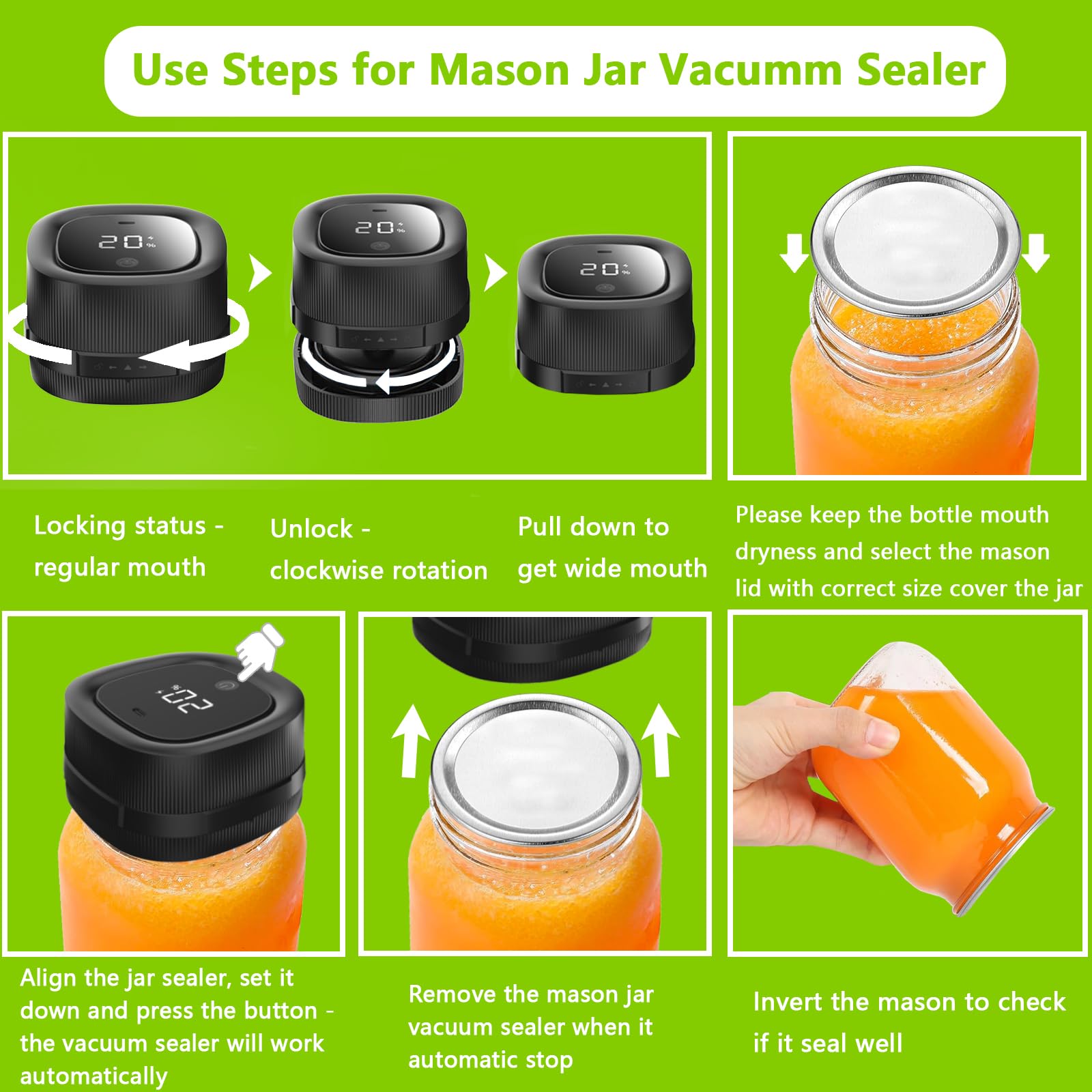 Electric Mason Jar Vacuum Sealer, Automatic Vacuum Sealer for Jars with Wide and Regular Mouth Lids 3-in 1 Canning Jars Vacuum Sealer Kit Portable Vacuum Sealing Machine Food Vacuum Storage