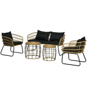 outsunny 5 piece pe rattan outdoor furniture set with cushioned chairs & loveseat sofa, patio sectional furniture set, conversation sofa set with stackable coffee tables, black