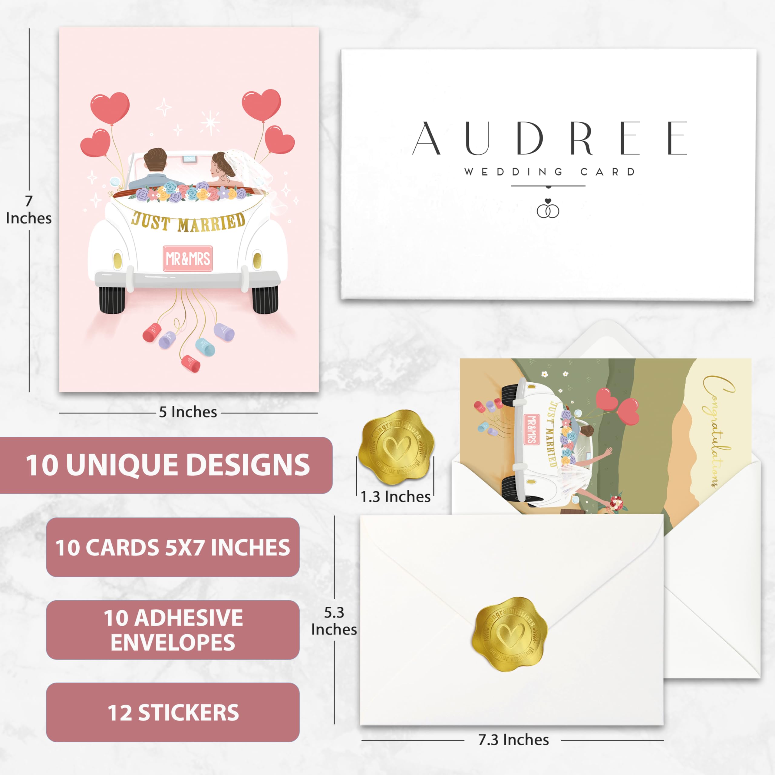 AUDREE 10 Modern Gold Foil Wedding Cards for Bride And Groom with Envelopes (5”x7”), Assorted Greeting Cards For Bridal Shower, Engagement, Newlywed, Wedding Congratulations, Wedding Cards Bulk