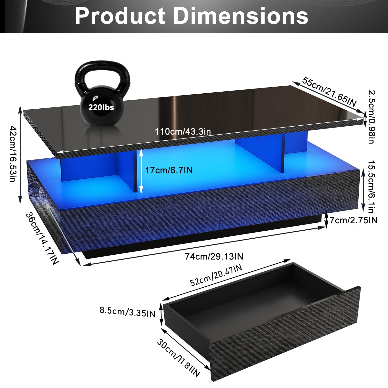 jiteentarou LED Coffee Table w/ 2 Storage Drawers,App Control,High Glossy Modern Black Coffee Table w/60,000-Color Lights,Rectangle 2-Tier Center Table w/Display Shelf for Living Room