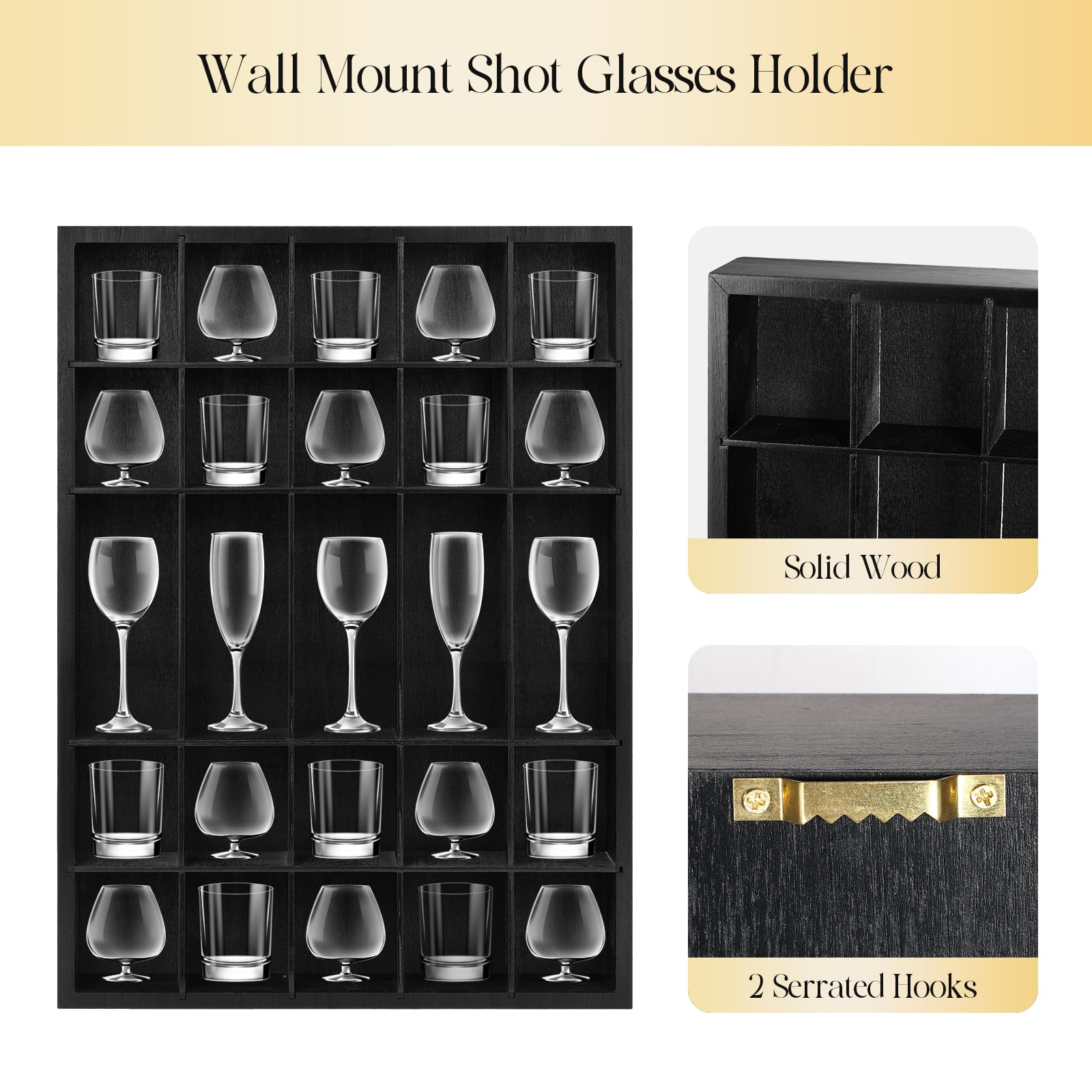 2 Pcs Shot Glass Display Case Black Wooden Shot Glass Holder Display Wall Mounted Shadow Box with Removable Shelves Shot Glasses Shelf Glass Rack Thimble Display Case Shot Glass Storage Case, 30 Slots