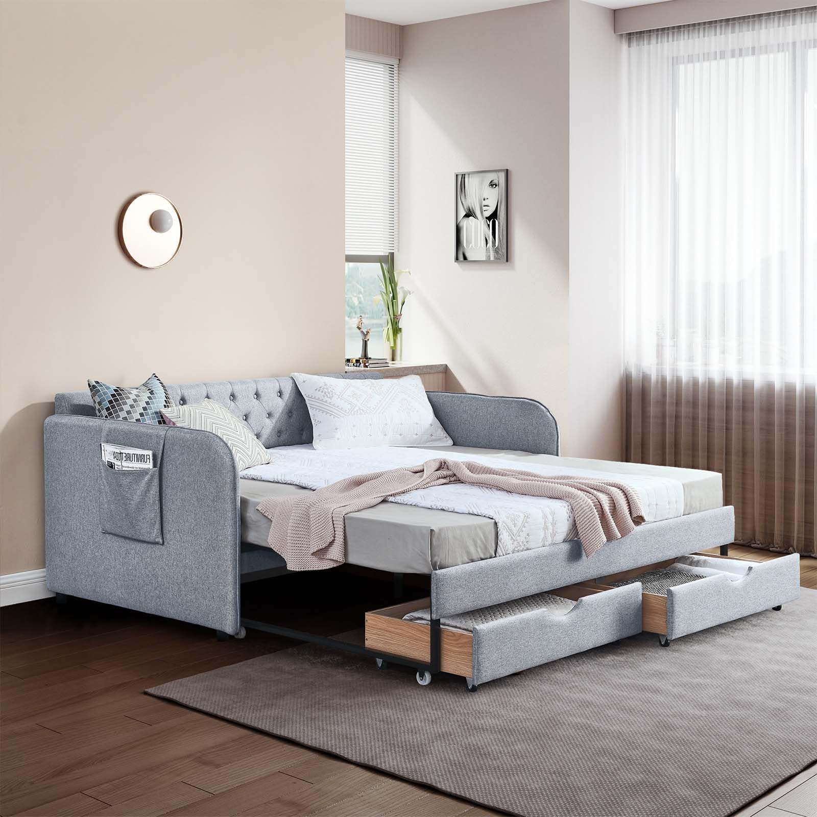 Antetek 80.5" Daybed with Drawer, Modern Button Tufted Linen Day Bed with Trundle Bed Twin to King, Upholstered Daybed Frame w/Storage Pocket for Bedroom, Living Room, No Box Spring Needed, Grey