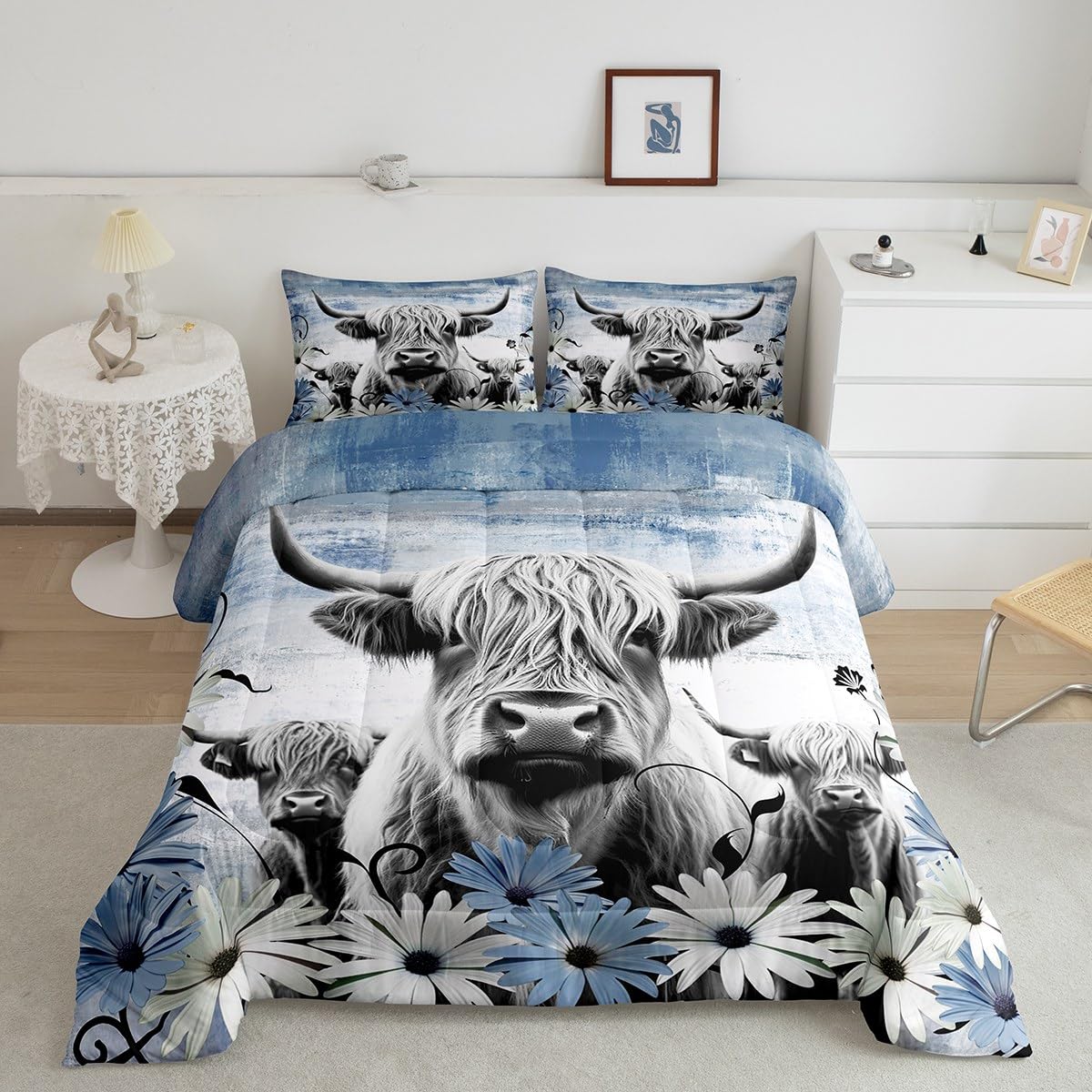 Erosebridal Highland Cow Print Comforter Set Twin,Blue Western Farmhouse Bedding Sets Rustic Home Decor,Longhorn Cattle Farm Animal Bed Set Grunge Daisy Flower Quilt Cowboys Gifts for Boys Girls Kids