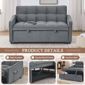 JEEOHEY 3 in 1 Convertible Sleeper Sofa Bed,52" Modern Velvet Pull Out Couch Bed with USB&Type-C Charging Ports,Futon Tufted Love Seat with Adjustable Backrest for Living Room,Office,Bedroom(Grey)