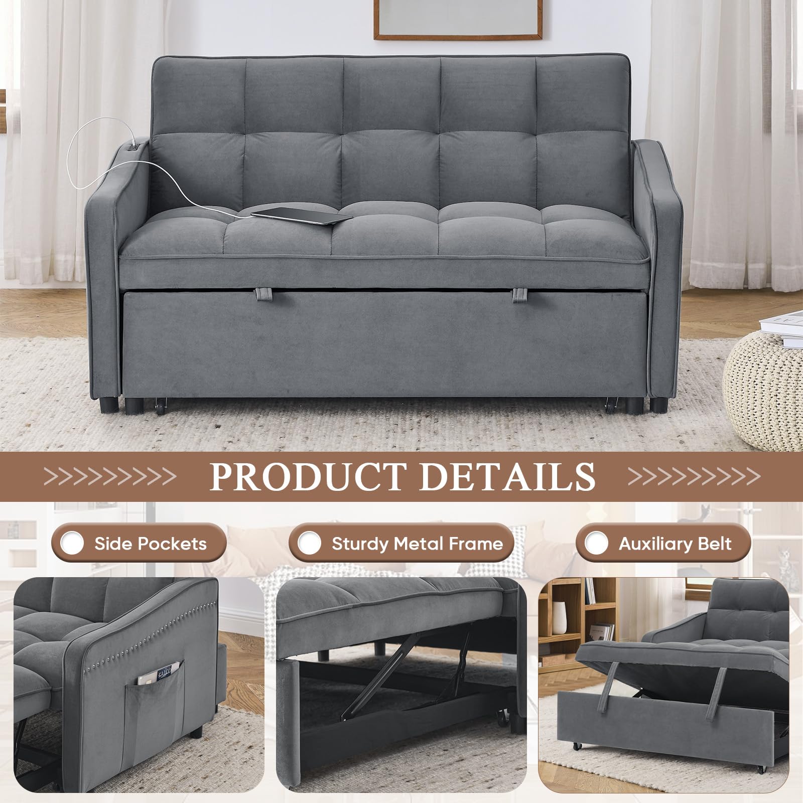 JEEOHEY 3 in 1 Convertible Sleeper Sofa Bed,52" Modern Velvet Pull Out Couch Bed with USB&Type-C Charging Ports,Futon Tufted Love Seat with Adjustable Backrest for Living Room,Office,Bedroom(Grey)