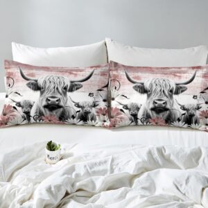 Erosebridal Highland Cow Print Duvet Cover Queen,Red Western Farmhouse Bedding Set Rustic Home Decor,Longhorn Cattle Farm Animal Comforter Cover Daisy Flowers Bed Set Cowboys Gifts for Men Women