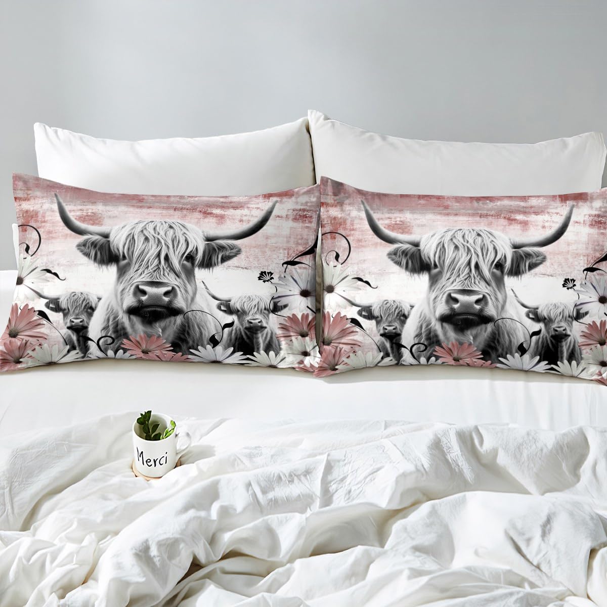 Erosebridal Highland Cow Print Duvet Cover Queen,Red Western Farmhouse Bedding Set Rustic Home Decor,Longhorn Cattle Farm Animal Comforter Cover Daisy Flowers Bed Set Cowboys Gifts for Men Women