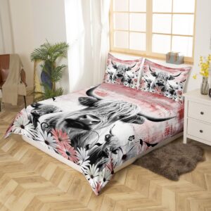 Erosebridal Highland Cow Print Duvet Cover Queen,Red Western Farmhouse Bedding Set Rustic Home Decor,Longhorn Cattle Farm Animal Comforter Cover Daisy Flowers Bed Set Cowboys Gifts for Men Women