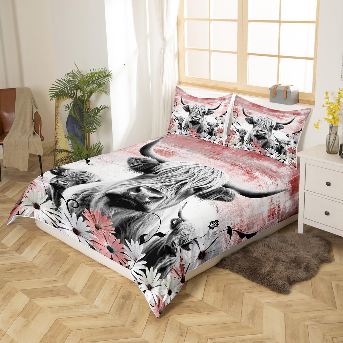 Erosebridal Highland Cow Print Duvet Cover Queen,Red Western Farmhouse Bedding Set Rustic Home Decor,Longhorn Cattle Farm Animal Comforter Cover Daisy Flowers Bed Set Cowboys Gifts for Men Women