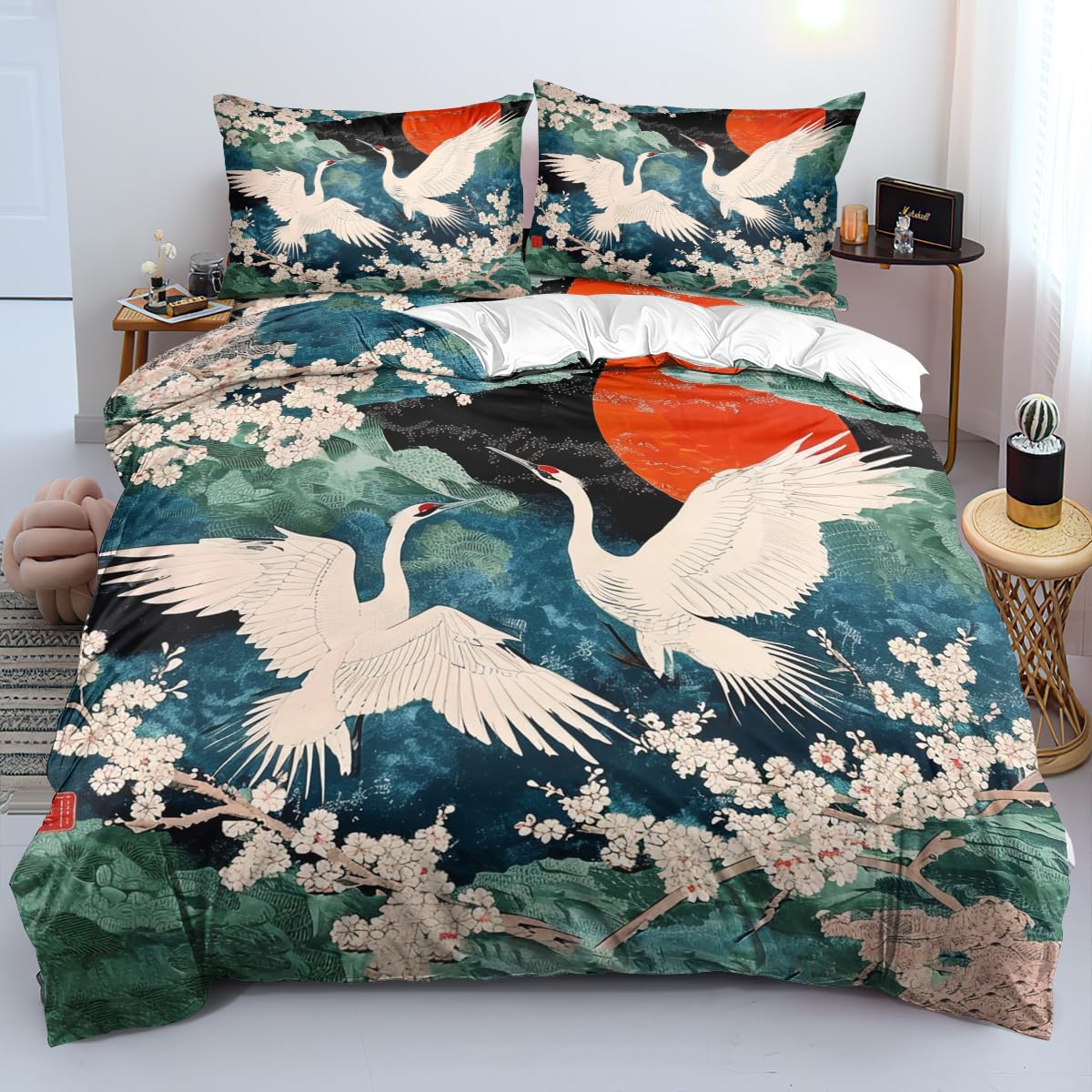 CCoutueChen Cherry Blossom Crane Comforter Duvet Cover Queen Japanese Ukiyo Bedding Set with Zipper Closure Oriental Flower Bird Comforter Cover Aesthetics Duvet Cover with 2 Pillowcases?Kids Adult ?