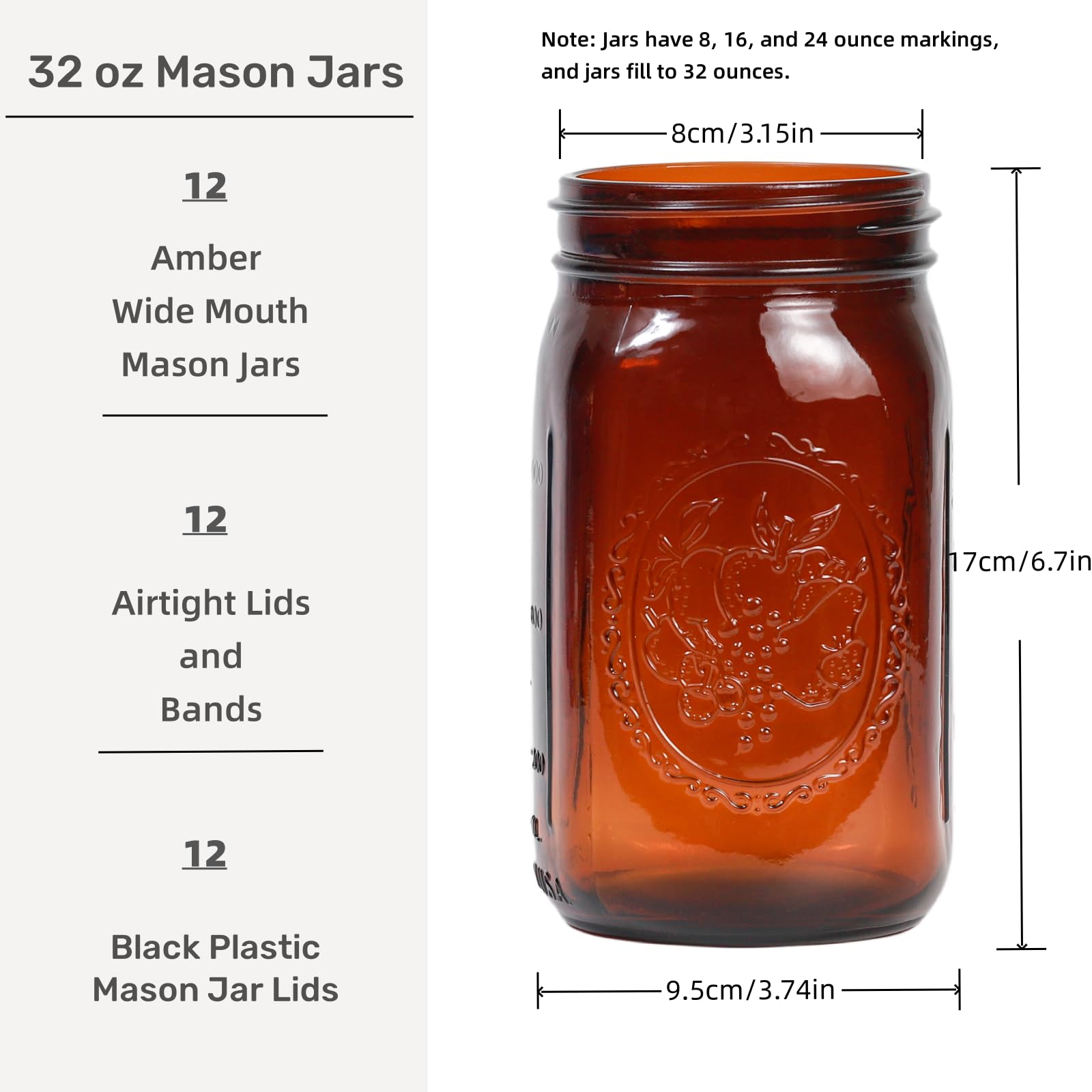 Jumterlee 12 Pack 32 oz Amber Mason Jars, Wide Mouth Mason Jars with Lids and Bands and 12 Black Plastic Mason Jar Lids, Amber Glass Mason Jars