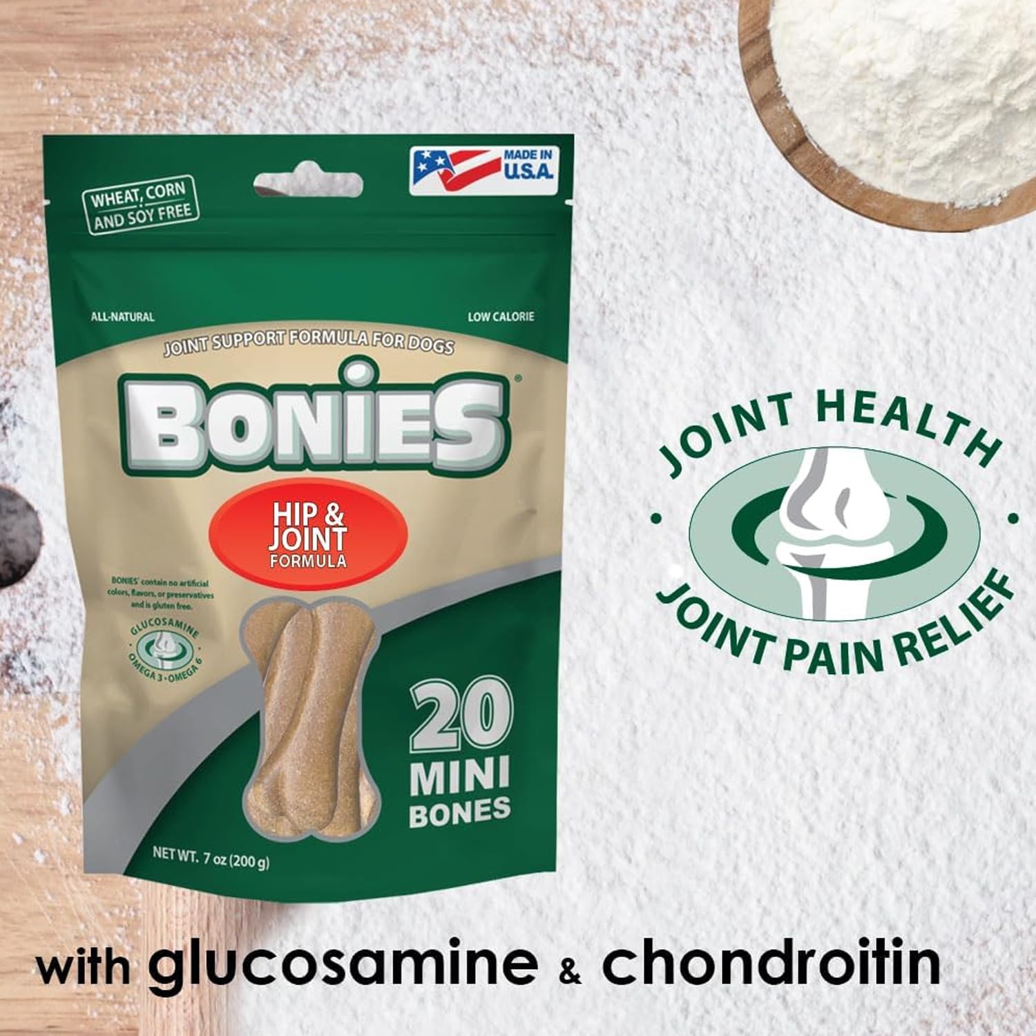 Bonies Natural Hip & Joint Formula Minis-Sized Single Bone, Glucosamine & Omega Fatty Acids, Fresh Breath, Clean Teeth, Low Calories, Chicken Flavor, Minis, 2 Bone Pack