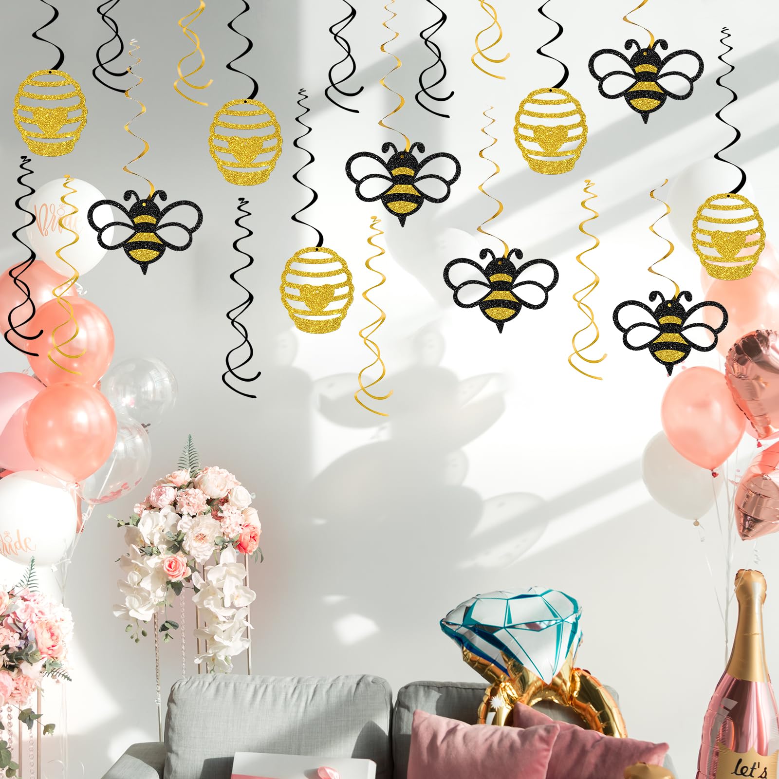 Maicaiffe Honey Bumble Bee Hanging Swirl Decorations - Glitter 22 Pcs Bee Baby Shower Party Supplies - Baby Birthday - Engagement - Wedding Streamers - Bee Theme Party Foil Swirls Ceiling Decorations