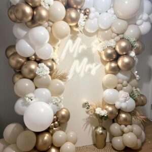 White Sand Gold Balloon Garland Arch kit 144pcs Beige Nude White with Metallic Chrome Gold Latex Balloons for Wedding Bridal Shower Engagement Party Decorations Birthday Baby Shower Supplies