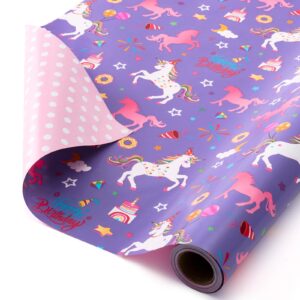 WERNNSAI Unicorn Reversible Wrapping Paper Roll - 1 Roll 17” x 33 ft Happy Birthday Wrapping Paper Roll Kids Unicorn Birthday Gift Wrap Roll Girls Wrapping Paper Polka Dot Design Unicorn Party Favor