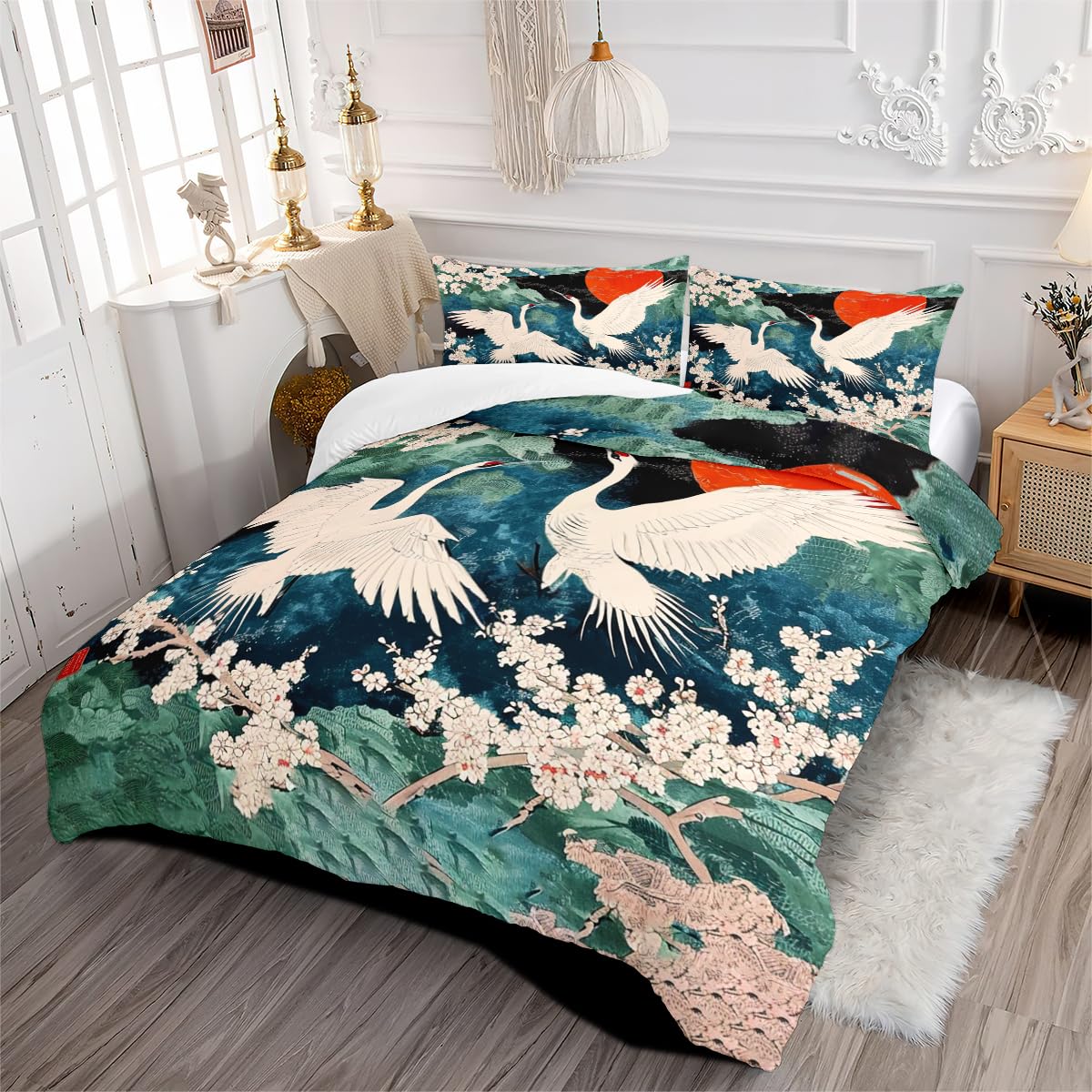 CCoutueChen Cherry Blossom Crane Comforter Duvet Cover Queen Japanese Ukiyo Bedding Set with Zipper Closure Oriental Flower Bird Comforter Cover Aesthetics Duvet Cover with 2 Pillowcases?Kids Adult ?