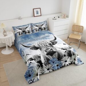 Erosebridal Highland Cow Print Comforter Set Twin,Blue Western Farmhouse Bedding Sets Rustic Home Decor,Longhorn Cattle Farm Animal Bed Set Grunge Daisy Flower Quilt Cowboys Gifts for Boys Girls Kids