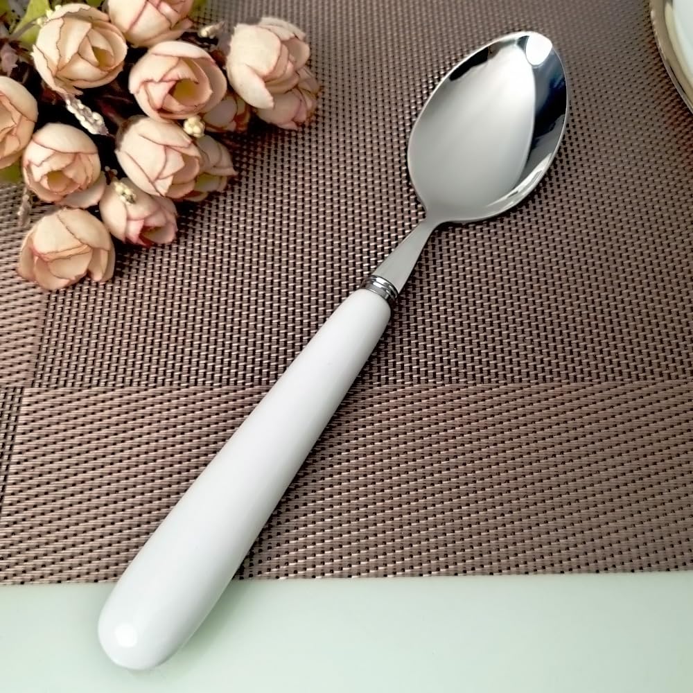 MEIYAHOME 20cm 8inch Fine Dinner Spoon with Round Edge Quality 18-10 Stainless Steel White Ceramic Handle,Soup Spoons Mirror Polishing Cutlery, Main Meal Spoon sus304 Table Spoons (4 Pcs)