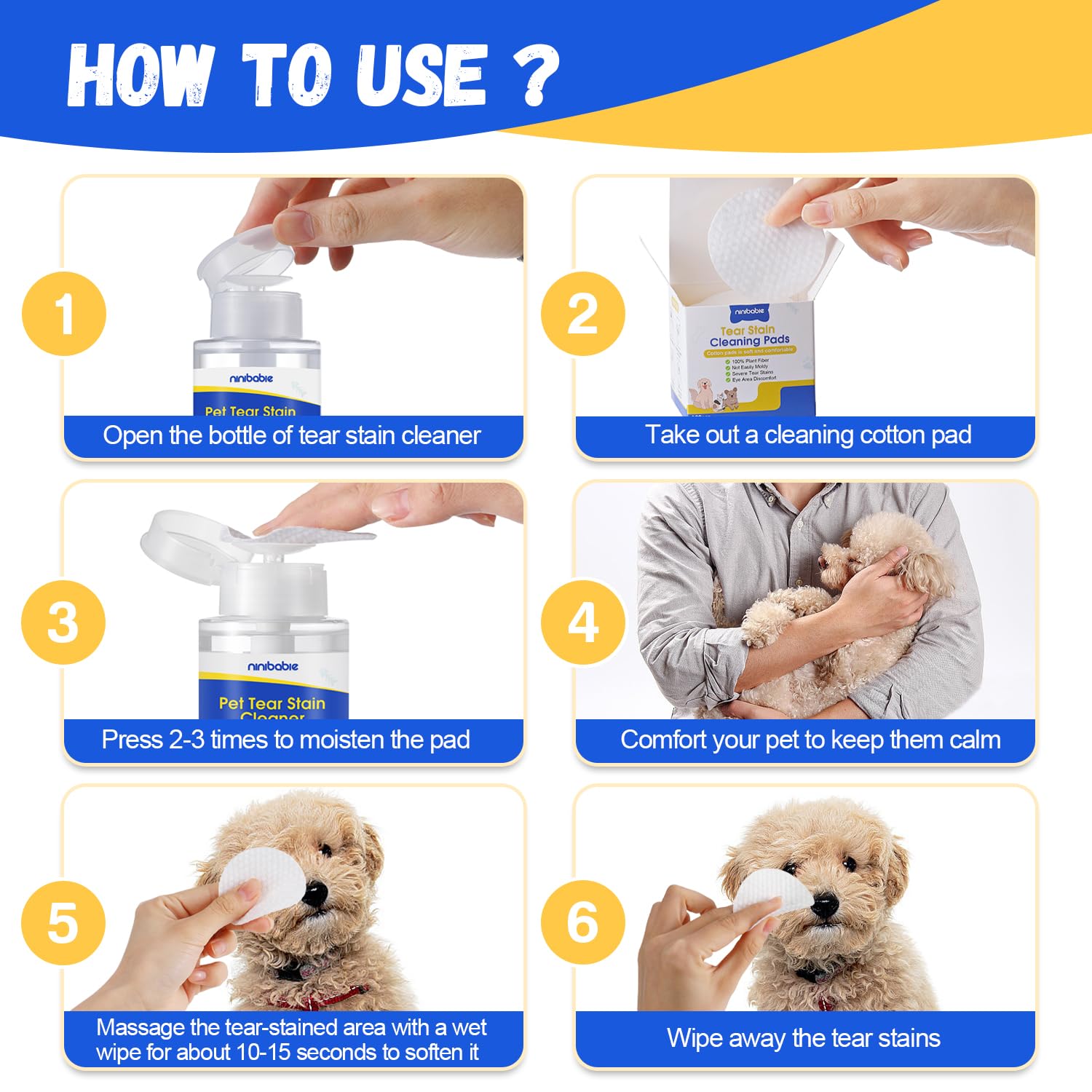 Ninibabie Tear Stain Cleaner for Dogs and Cats,Gently Remove Tear Stain,Eye Debris,Mucus Secretions with 200Pcs Eye Dry Wipes,Eye Cleaner Dry Pads,Not Easily Evaporated