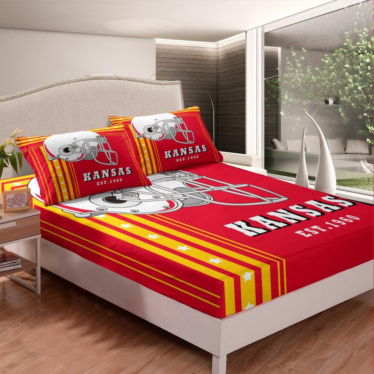 Erosebridal American Football Sheet Set Rugby Decor Sports Game Bed Sheets Set Full, Boys American Football City Sheets Red Yellow White Stars Stripes Top Fitted Sheet 4Pcs (Kansas)